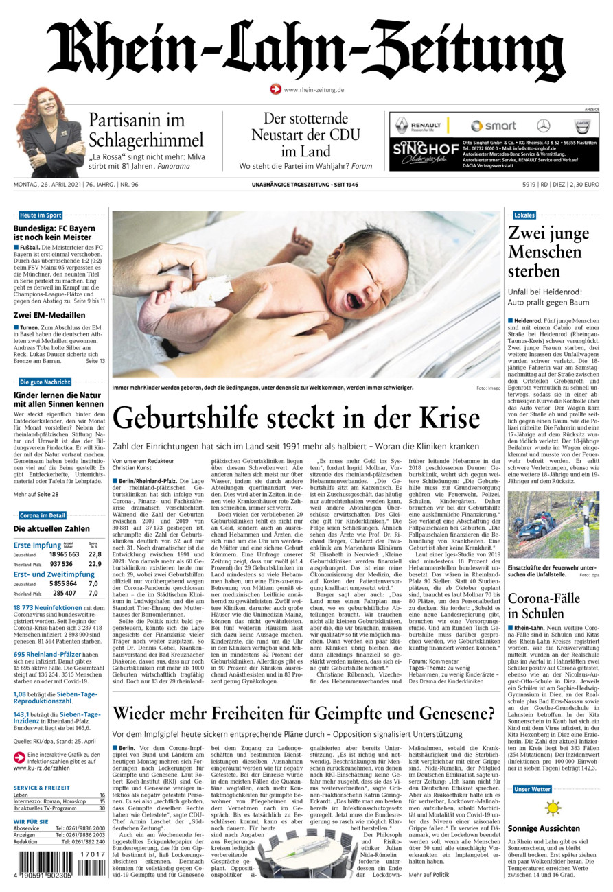 Rhein-Lahn-Zeitung Diez (Archiv) vom Montag, 26.04.2021
