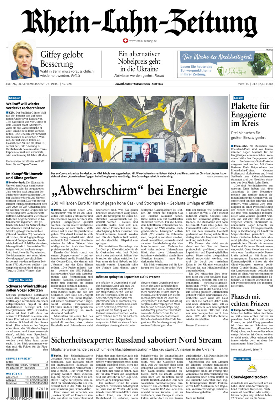 Rhein-Lahn-Zeitung Diez (Archiv) vom Freitag, 30.09.2022