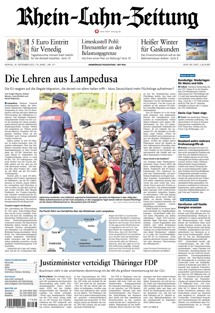 Rhein-Lahn-Zeitung Diez (Archiv) vom Montag, 18.09.2023