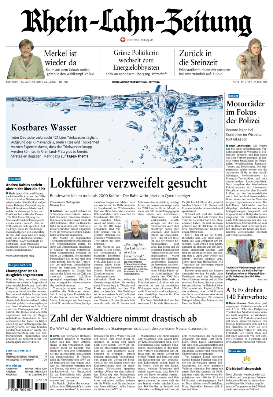 Rhein-Lahn-Zeitung Diez (Archiv) vom Mittwoch, 14.08.2019