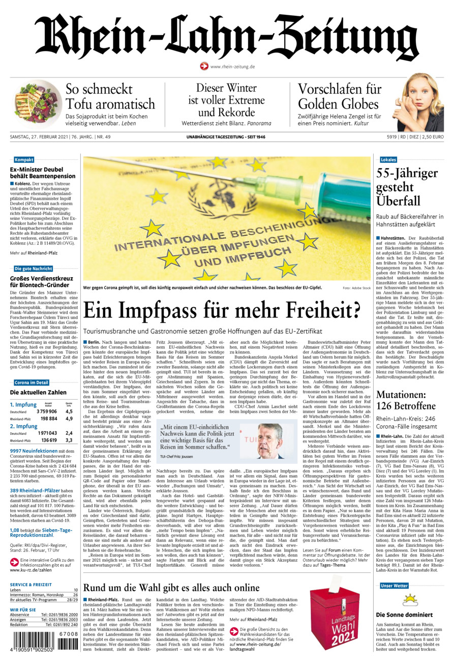 Rhein-Lahn-Zeitung Diez (Archiv) vom Samstag, 27.02.2021