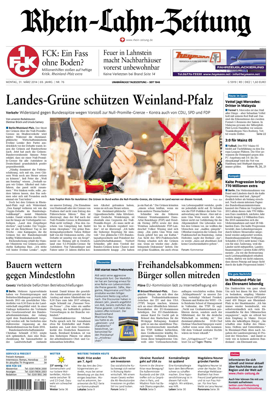 Rhein-Lahn-Zeitung Diez (Archiv) vom Montag, 31.03.2014
