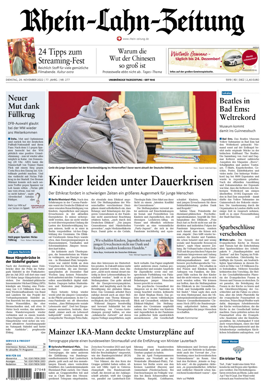 Rhein-Lahn-Zeitung Diez (Archiv) vom Dienstag, 29.11.2022