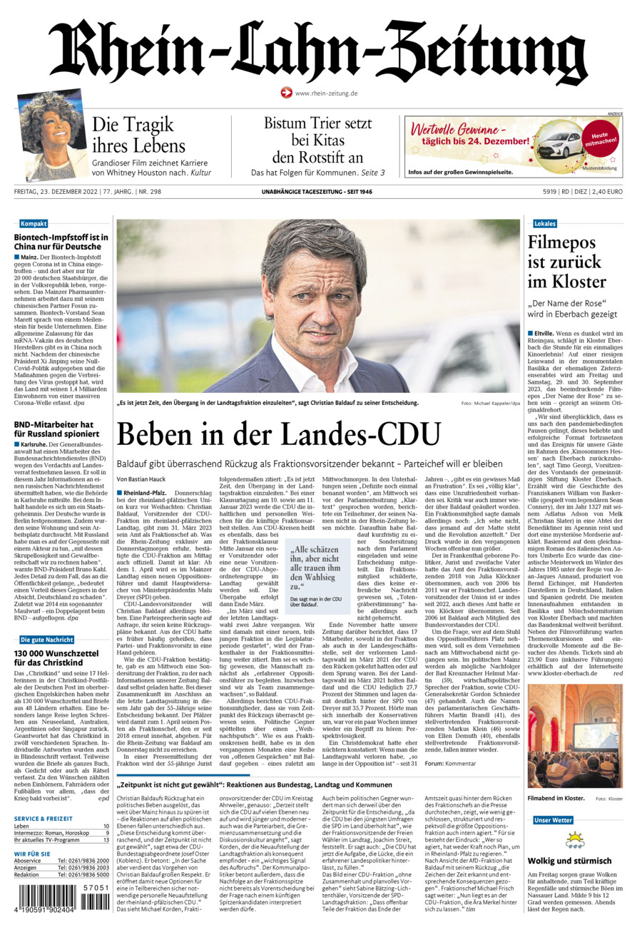Rhein-Lahn-Zeitung Diez (Archiv) vom Freitag, 23.12.2022