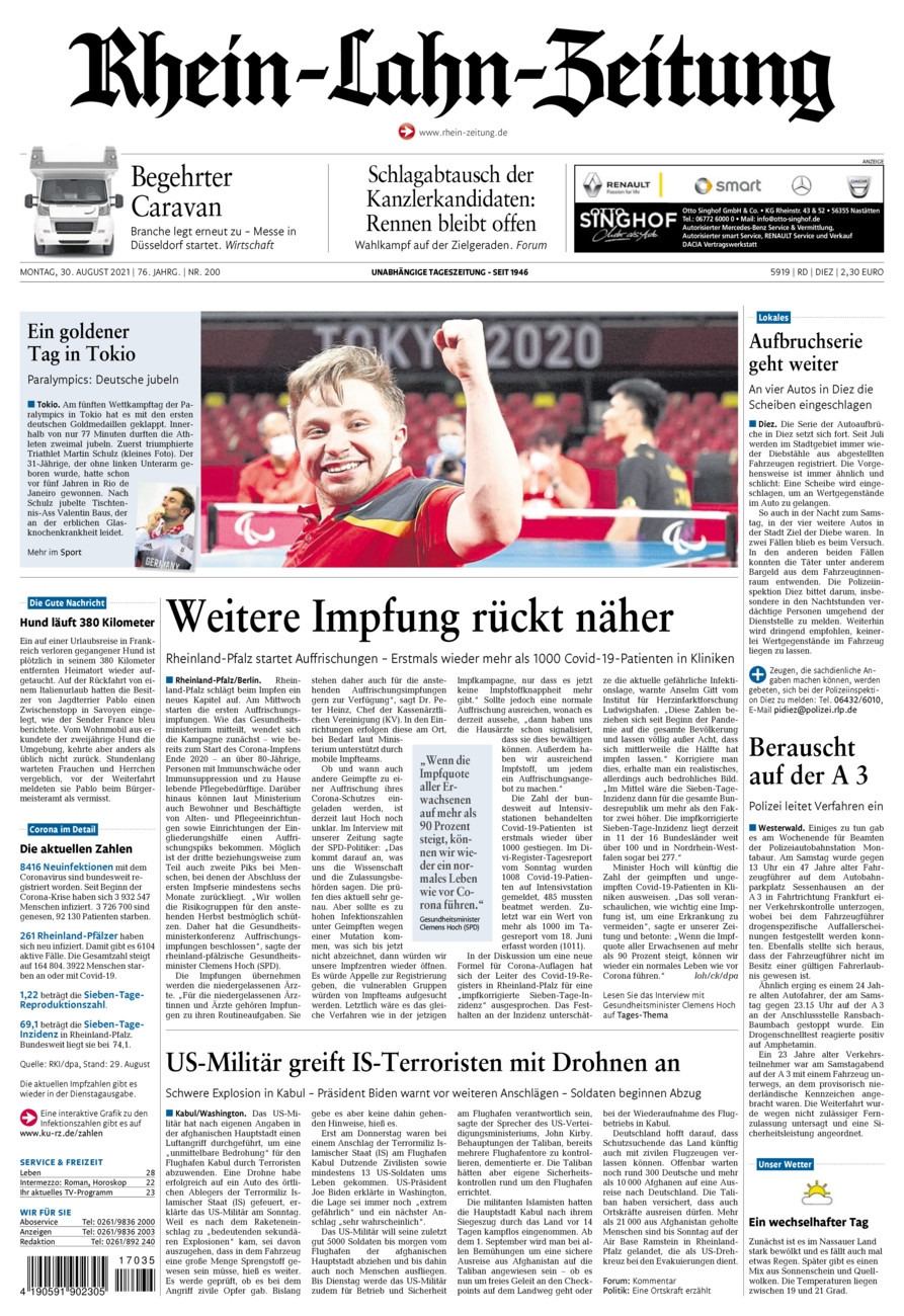 Rhein-Lahn-Zeitung Diez (Archiv) vom Montag, 30.08.2021