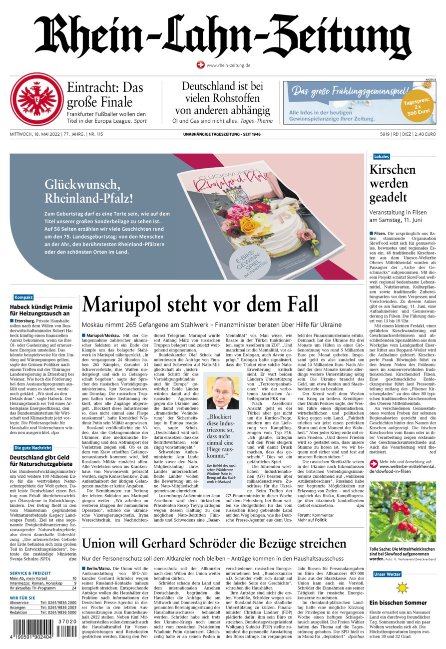 Rhein-Lahn-Zeitung Diez (Archiv) vom Mittwoch, 18.05.2022