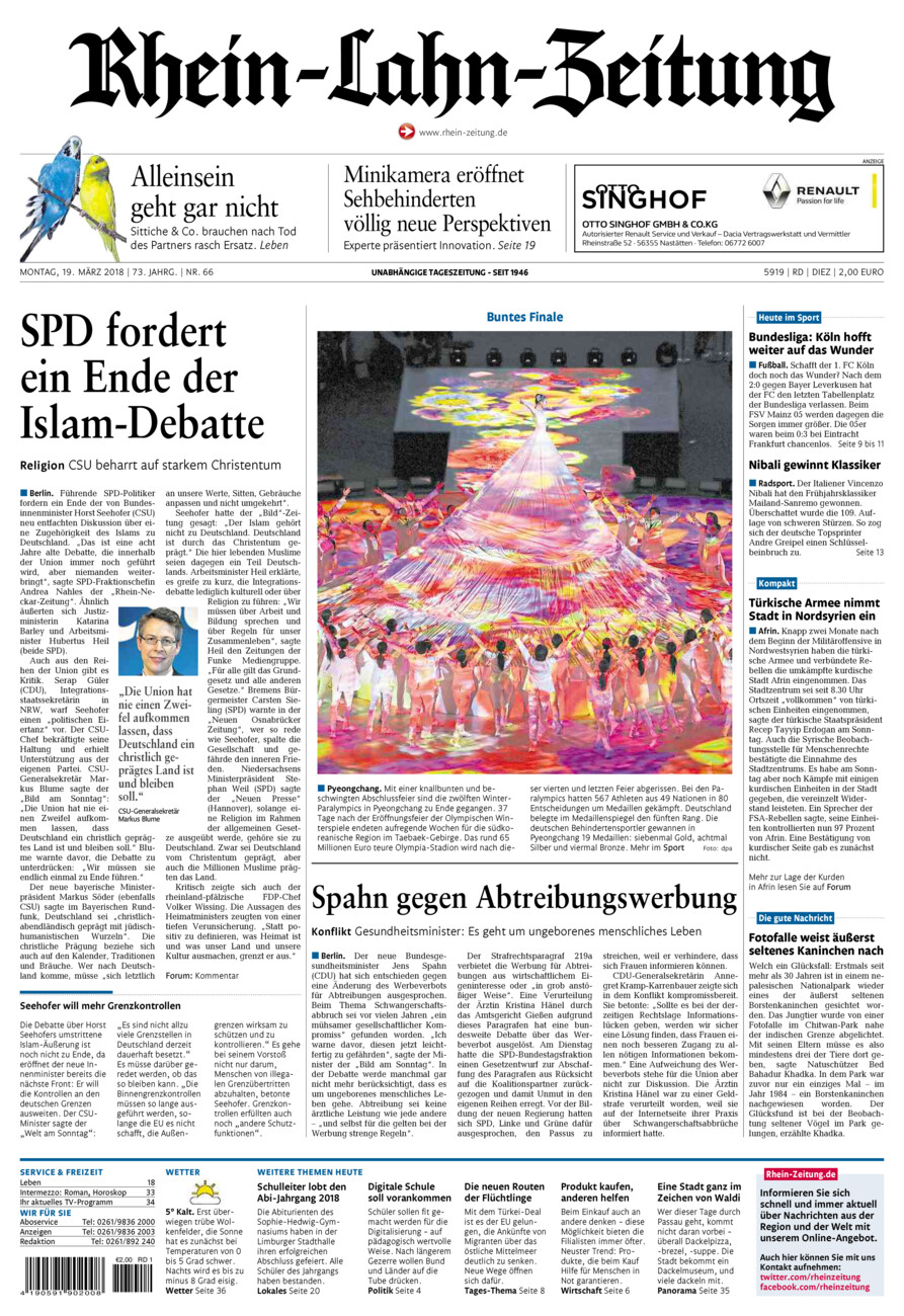 Rhein-Lahn-Zeitung Diez (Archiv) vom Montag, 19.03.2018