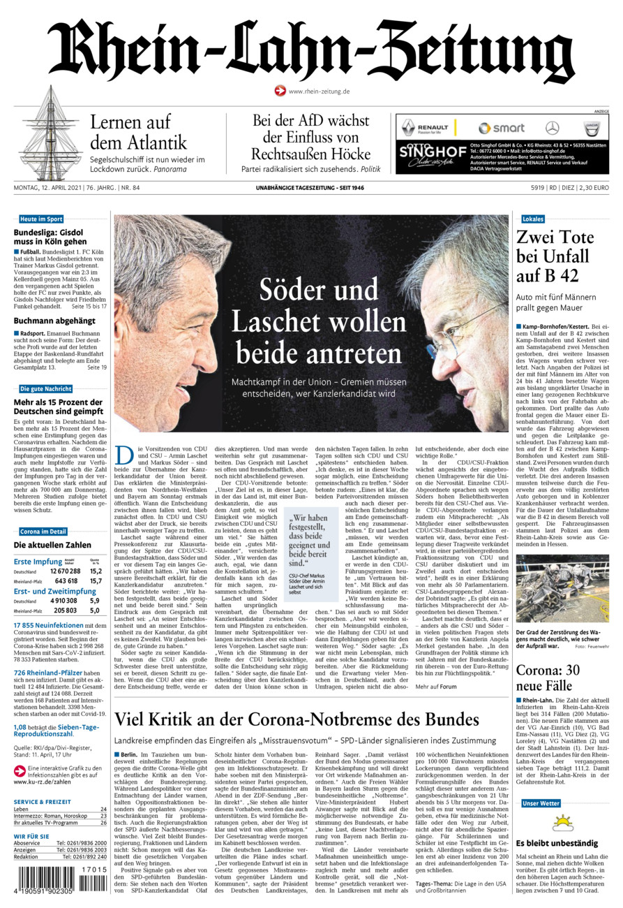 Rhein-Lahn-Zeitung Diez (Archiv) vom Montag, 12.04.2021