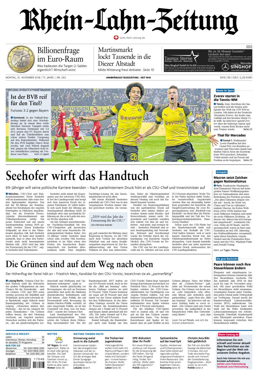 Rhein-Lahn-Zeitung Diez (Archiv) vom Montag, 12.11.2018