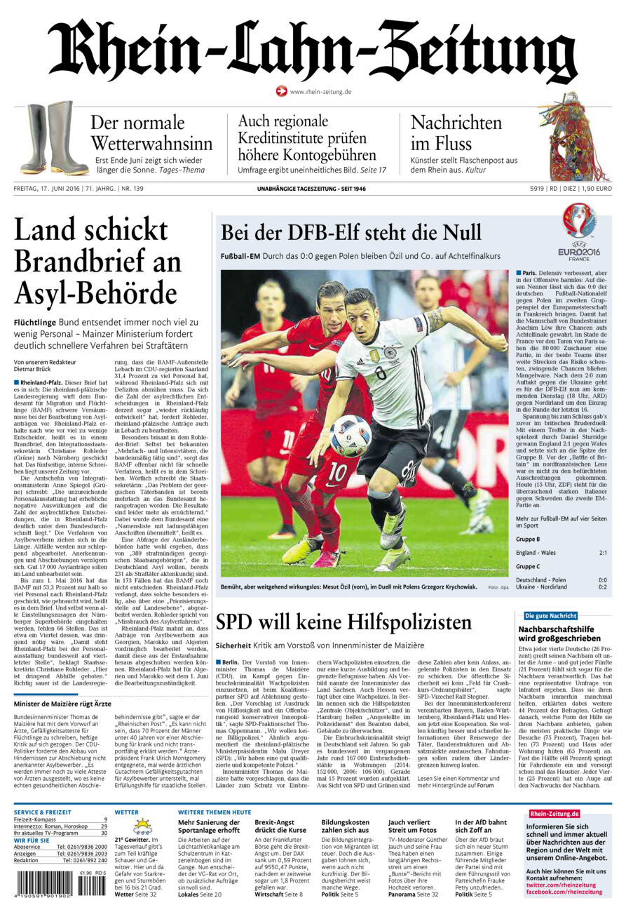 Rhein-Lahn-Zeitung Diez (Archiv) vom Freitag, 17.06.2016