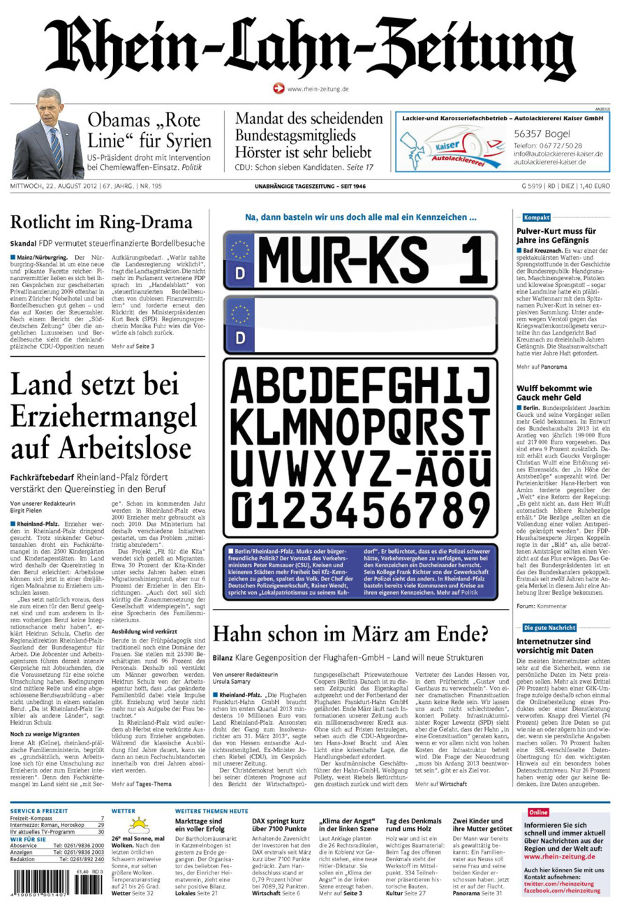 Rhein-Lahn-Zeitung Diez (Archiv) vom Mittwoch, 22.08.2012