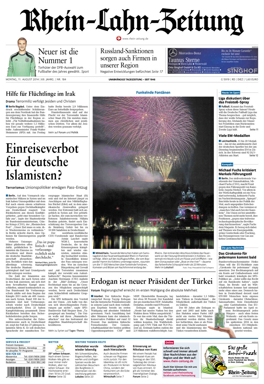 Rhein-Lahn-Zeitung Diez (Archiv) vom Montag, 11.08.2014