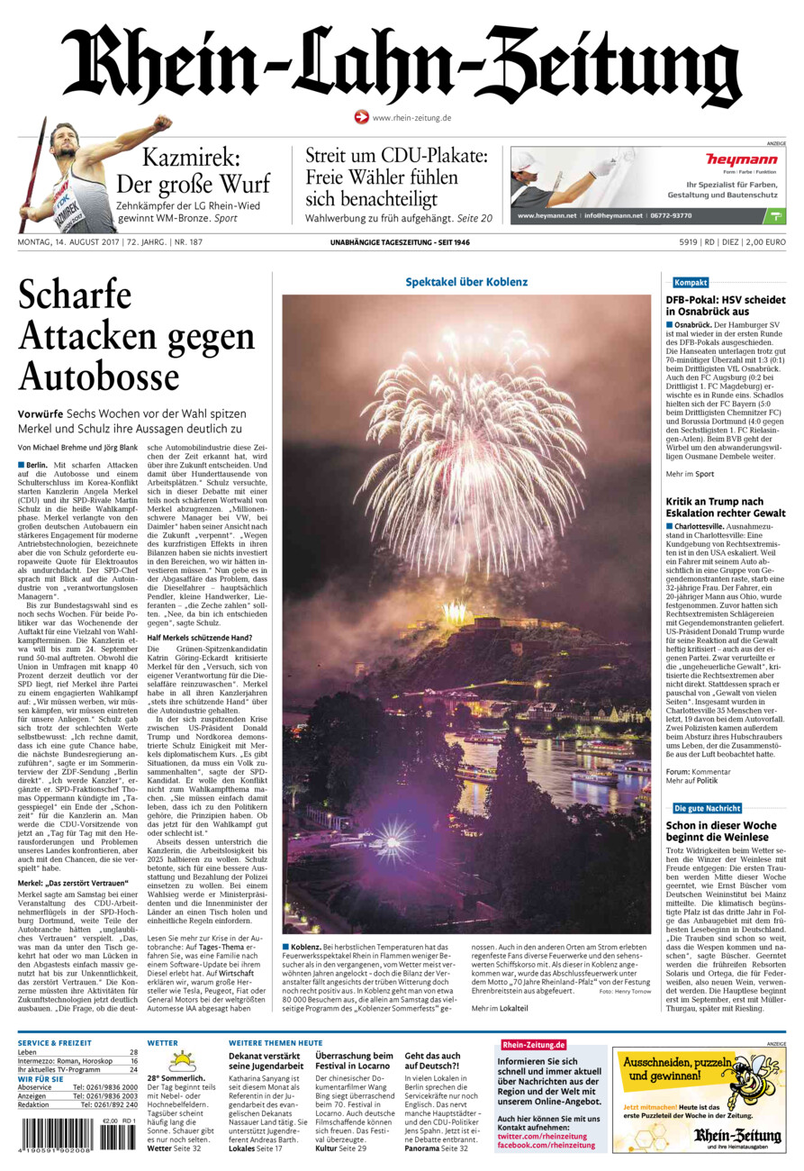 Rhein-Lahn-Zeitung Diez (Archiv) vom Montag, 14.08.2017