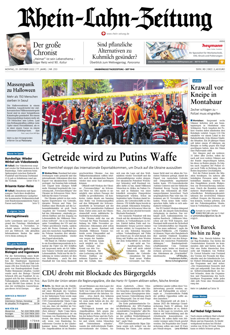 Rhein-Lahn-Zeitung Diez (Archiv) vom Montag, 31.10.2022