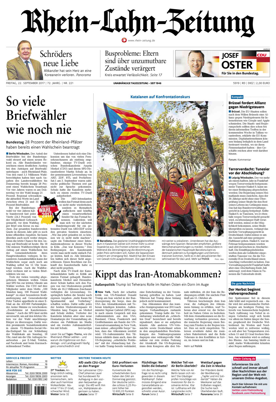 Rhein-Lahn-Zeitung Diez (Archiv) vom Freitag, 22.09.2017