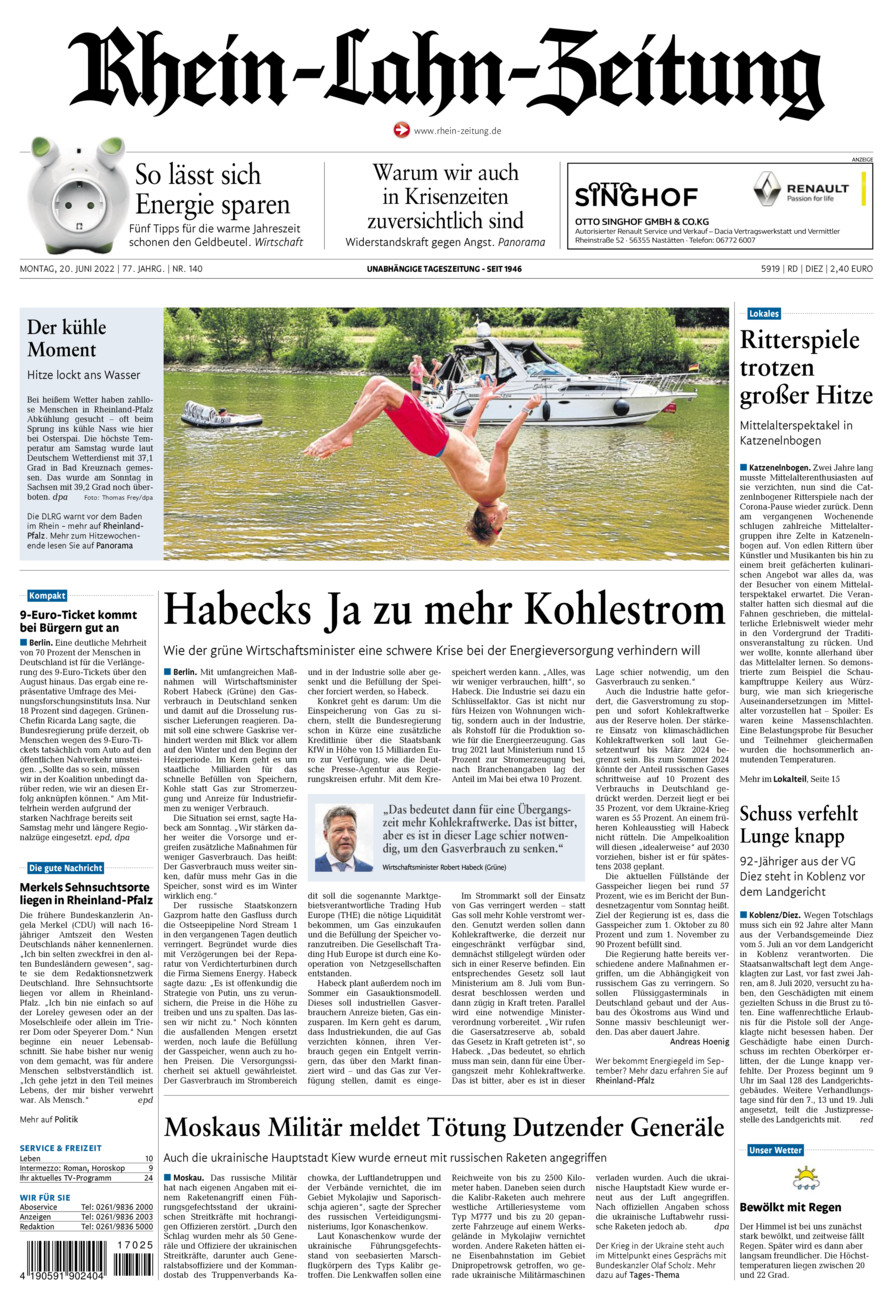 Rhein-Lahn-Zeitung Diez (Archiv) vom Montag, 20.06.2022