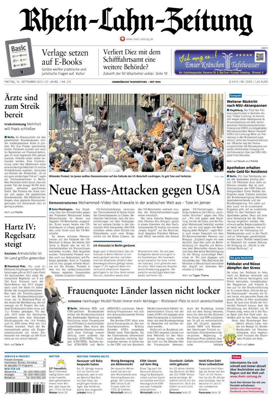 Rhein-Lahn-Zeitung Diez (Archiv) vom Freitag, 14.09.2012