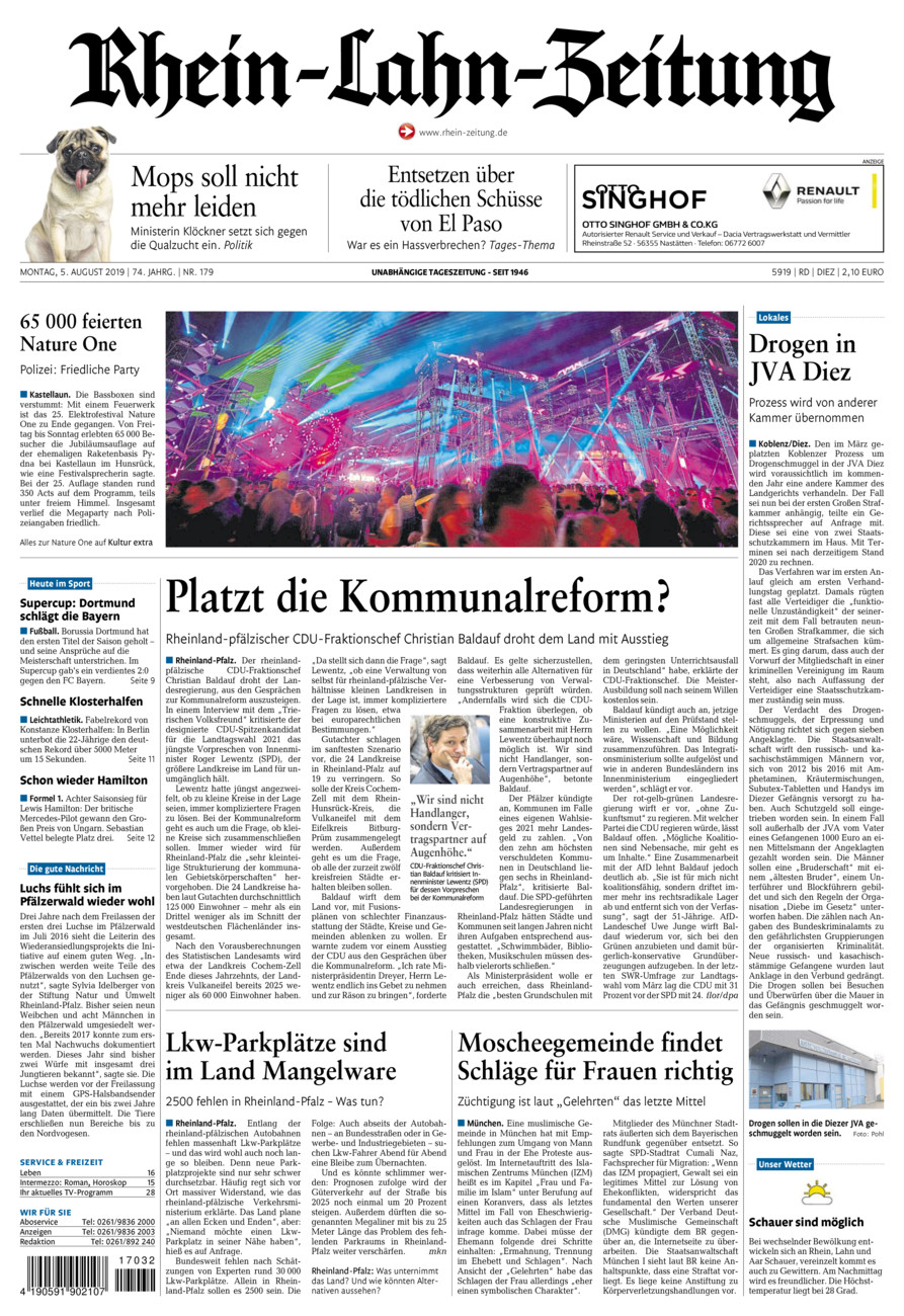 Rhein-Lahn-Zeitung Diez (Archiv) vom Montag, 05.08.2019