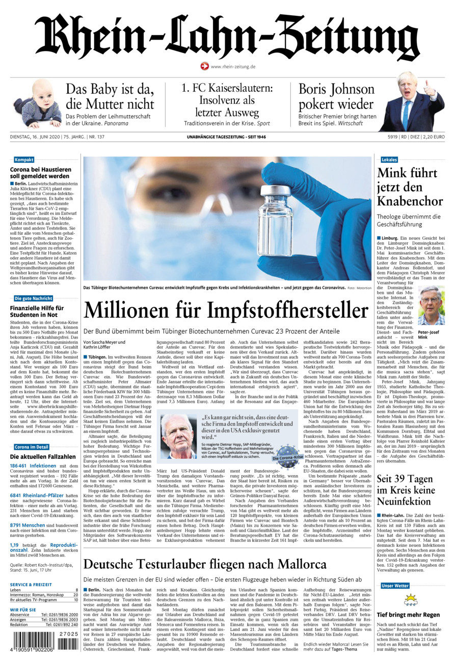 Rhein-Lahn-Zeitung Diez (Archiv) vom Dienstag, 16.06.2020