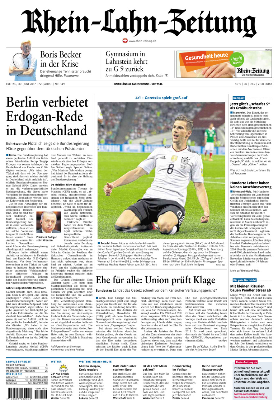 Rhein-Lahn-Zeitung Diez (Archiv) vom Freitag, 30.06.2017