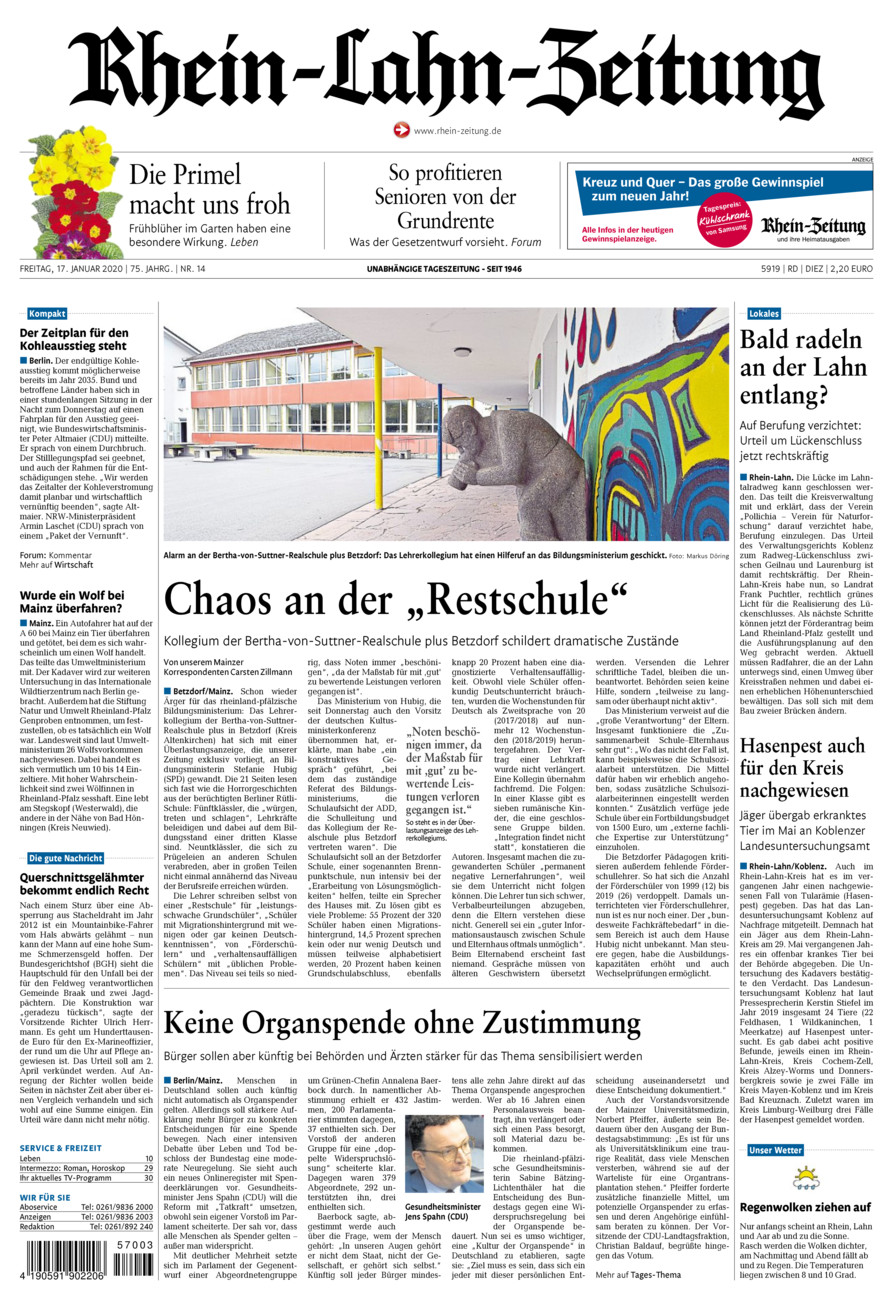 Rhein-Lahn-Zeitung Diez (Archiv) vom Freitag, 17.01.2020