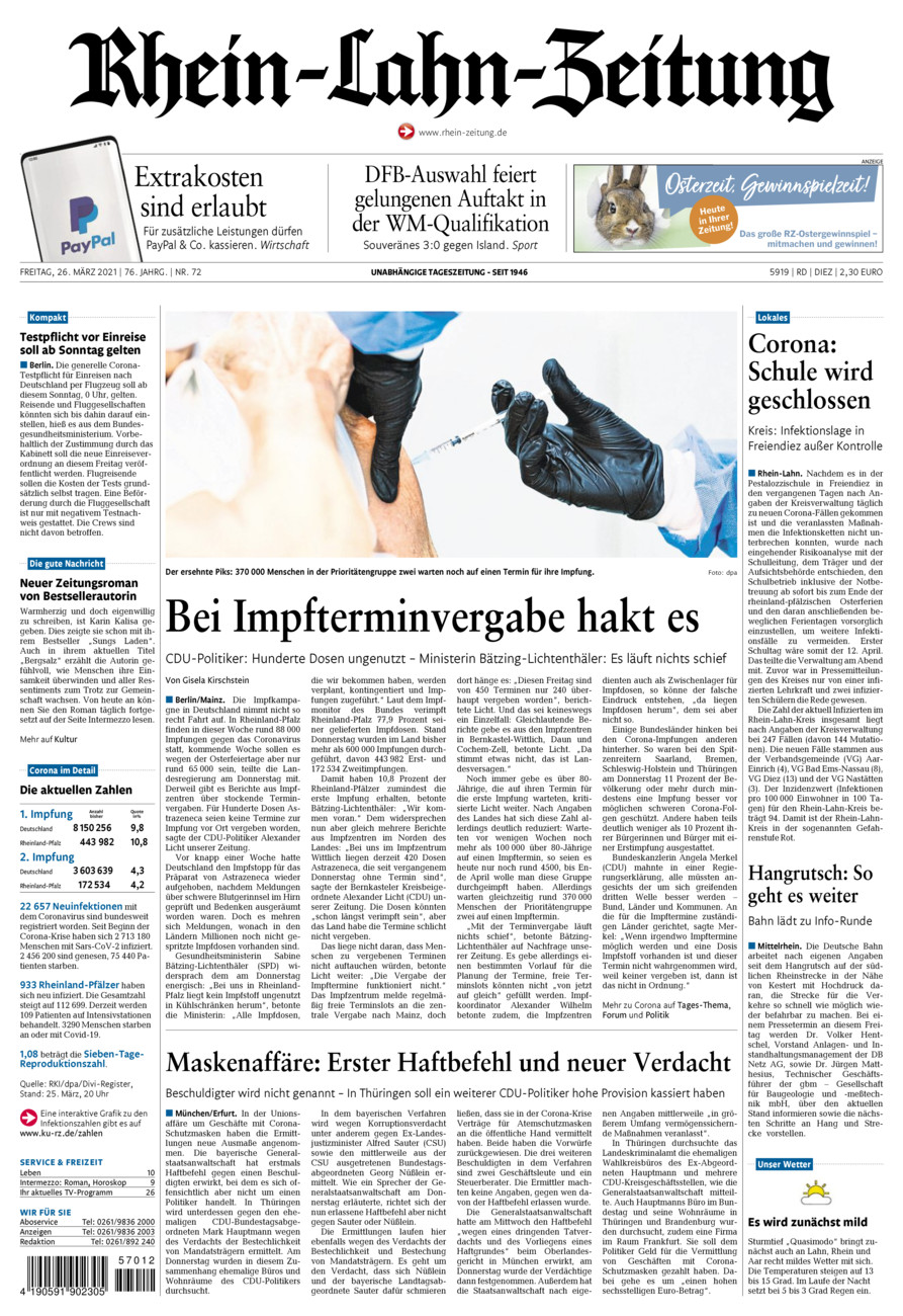 Rhein-Lahn-Zeitung Diez (Archiv) vom Freitag, 26.03.2021
