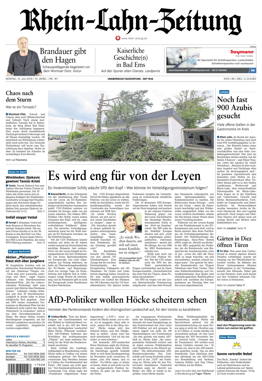 Rhein-Lahn-Zeitung Diez (Archiv) vom Montag, 15.07.2019