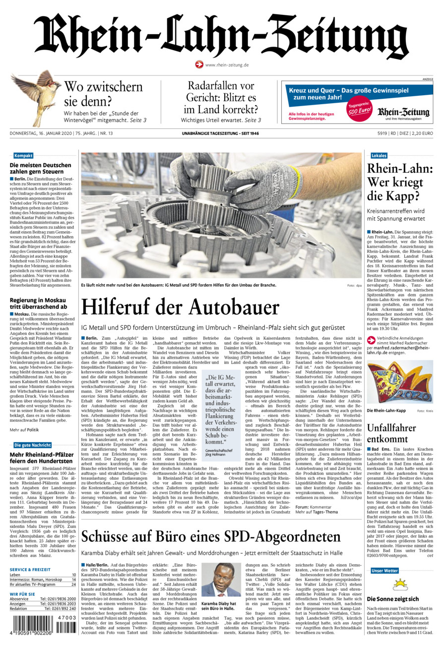 Rhein-Lahn-Zeitung Diez (Archiv) vom Donnerstag, 16.01.2020