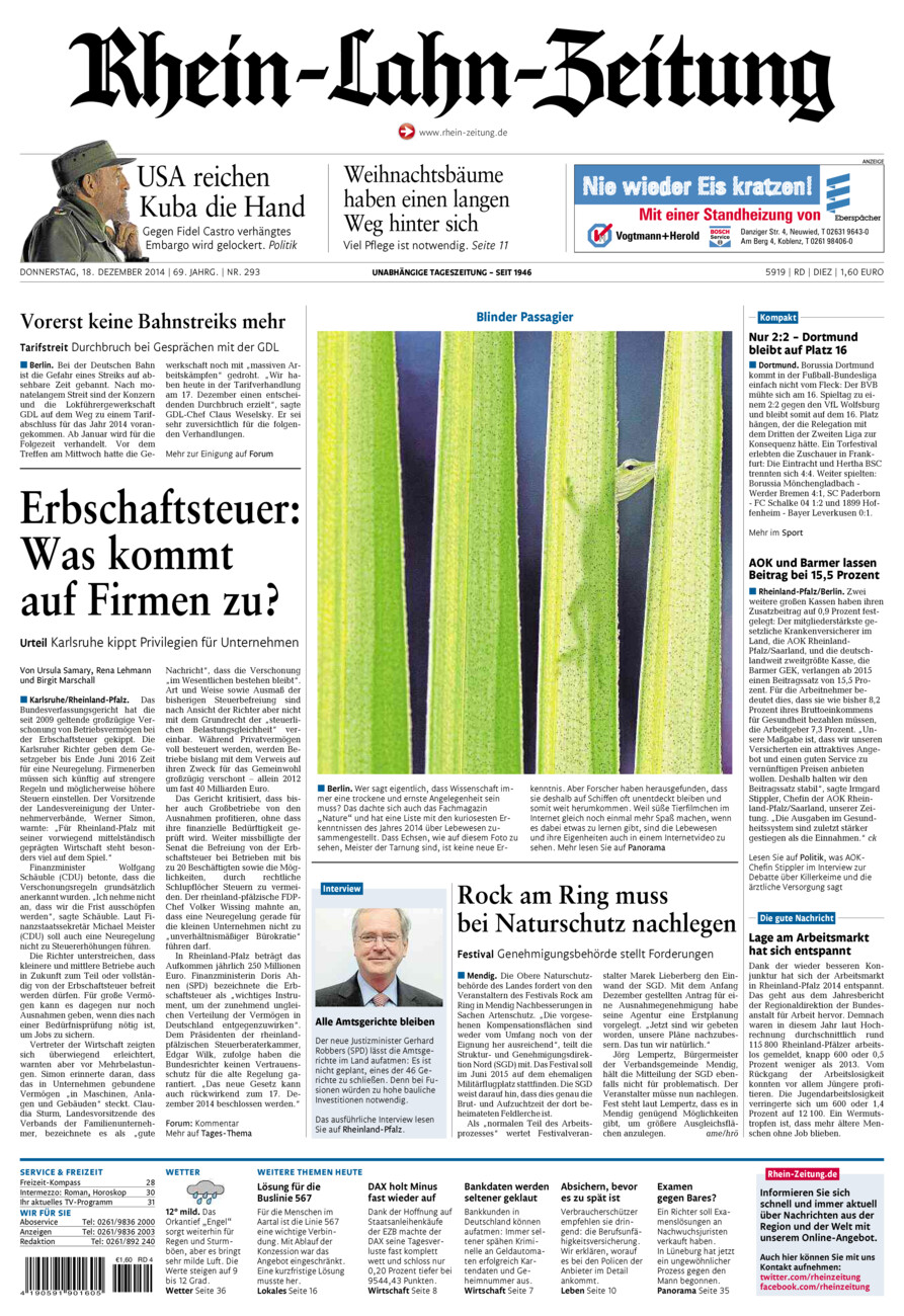 Rhein-Lahn-Zeitung Diez (Archiv) vom Donnerstag, 18.12.2014