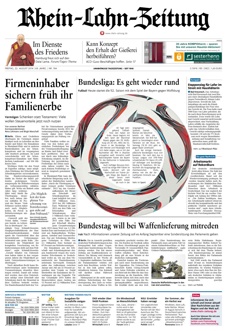 Rhein-Lahn-Zeitung Diez (Archiv) vom Freitag, 22.08.2014