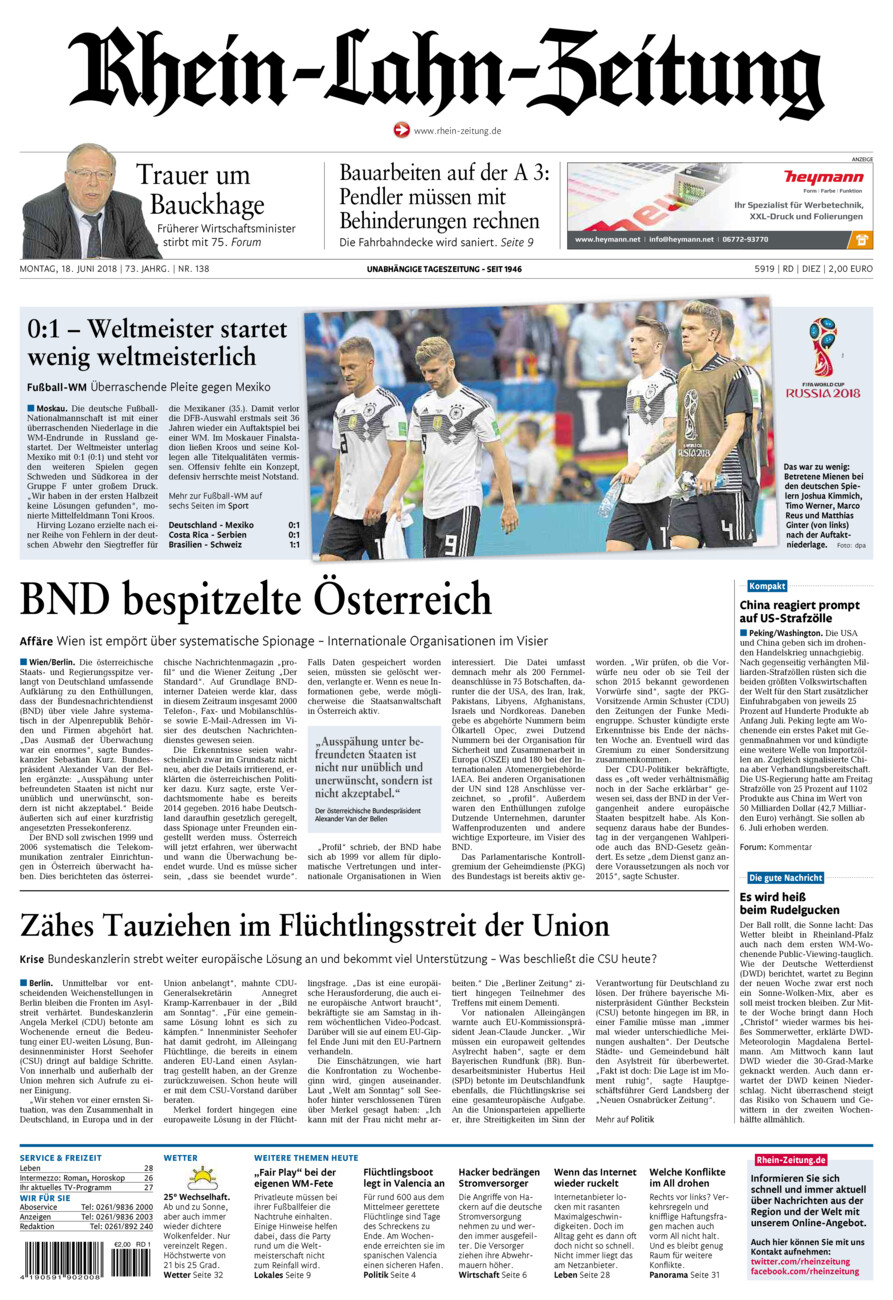 Rhein-Lahn-Zeitung Diez (Archiv) vom Montag, 18.06.2018
