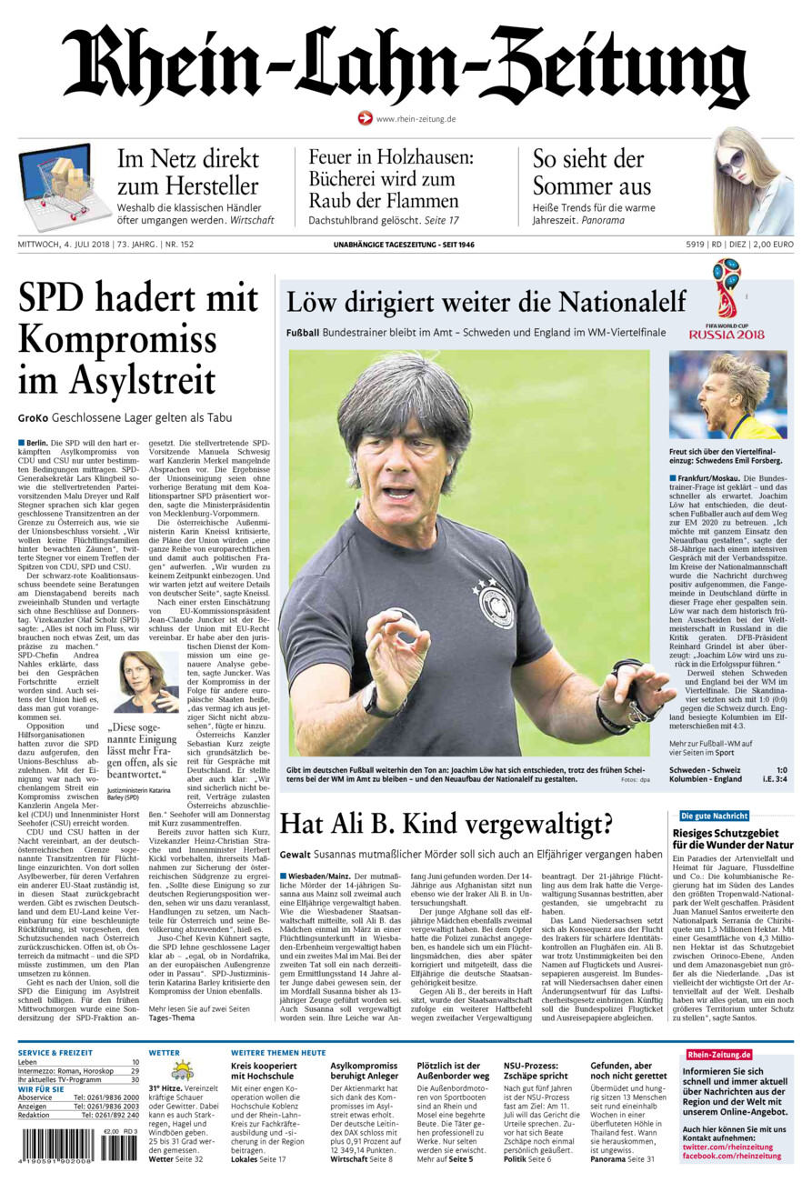 Rhein-Lahn-Zeitung Diez (Archiv) vom Mittwoch, 04.07.2018