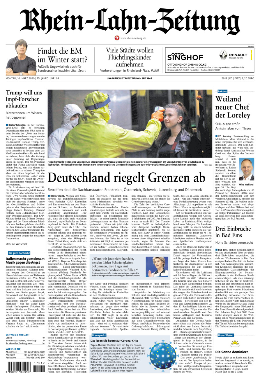 Rhein-Lahn-Zeitung Diez (Archiv) vom Montag, 16.03.2020