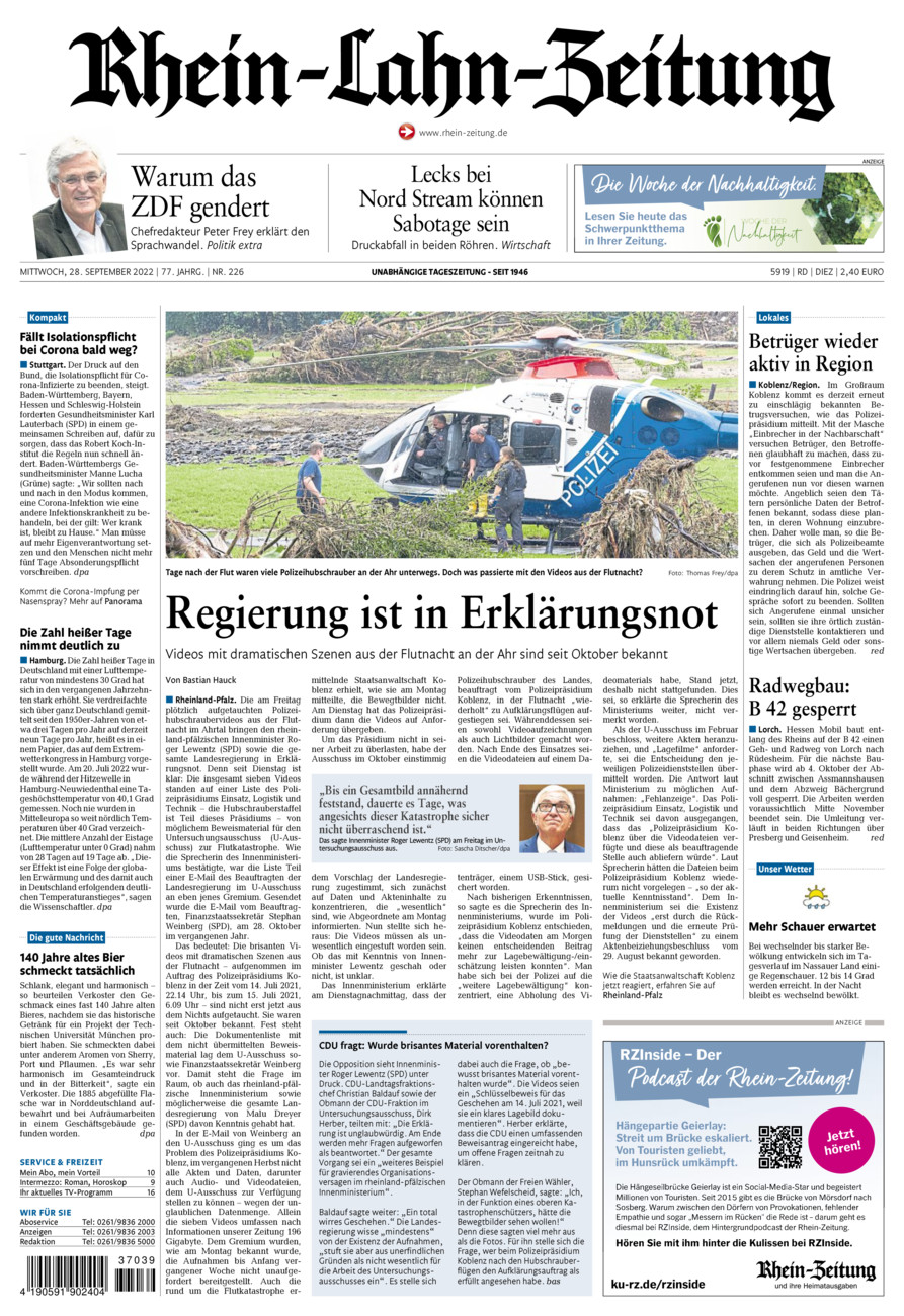 Rhein-Lahn-Zeitung Diez (Archiv) vom Mittwoch, 28.09.2022