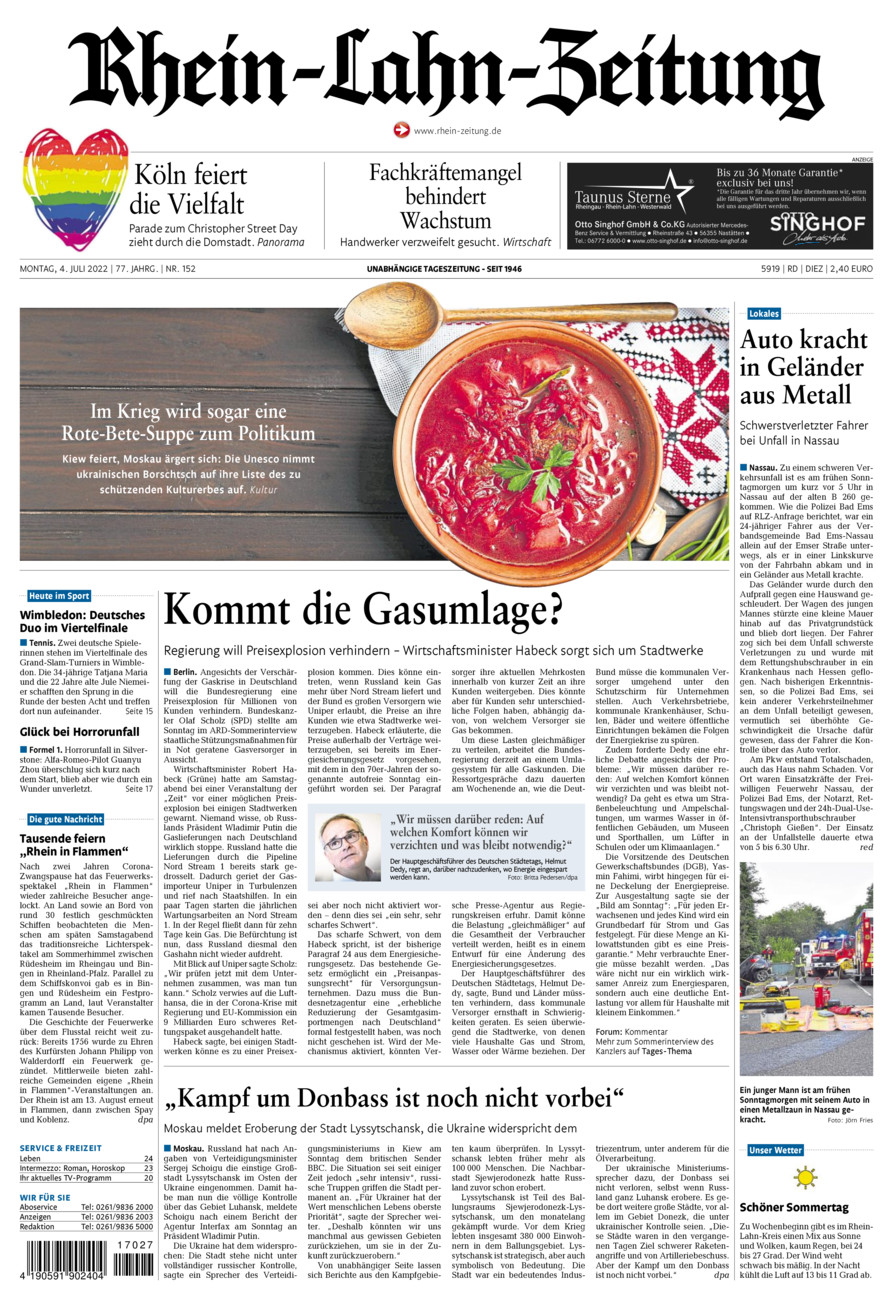 Rhein-Lahn-Zeitung Diez (Archiv) vom Montag, 04.07.2022