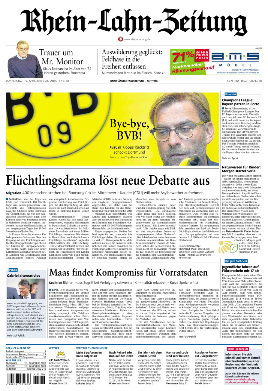 Rhein-Lahn-Zeitung Diez (Archiv) vom Donnerstag, 16.04.2015