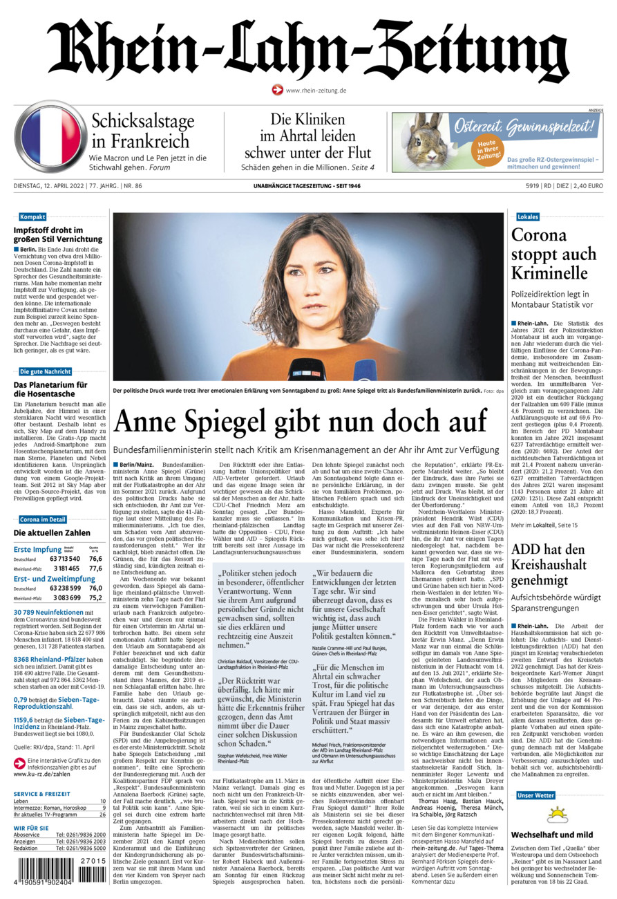 Rhein-Lahn-Zeitung Diez (Archiv) vom Dienstag, 12.04.2022