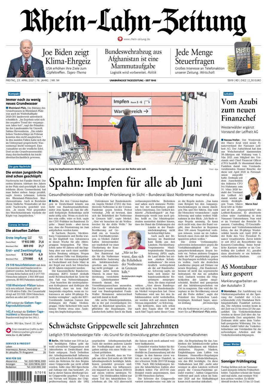 Rhein-Lahn-Zeitung Diez (Archiv) vom Freitag, 23.04.2021