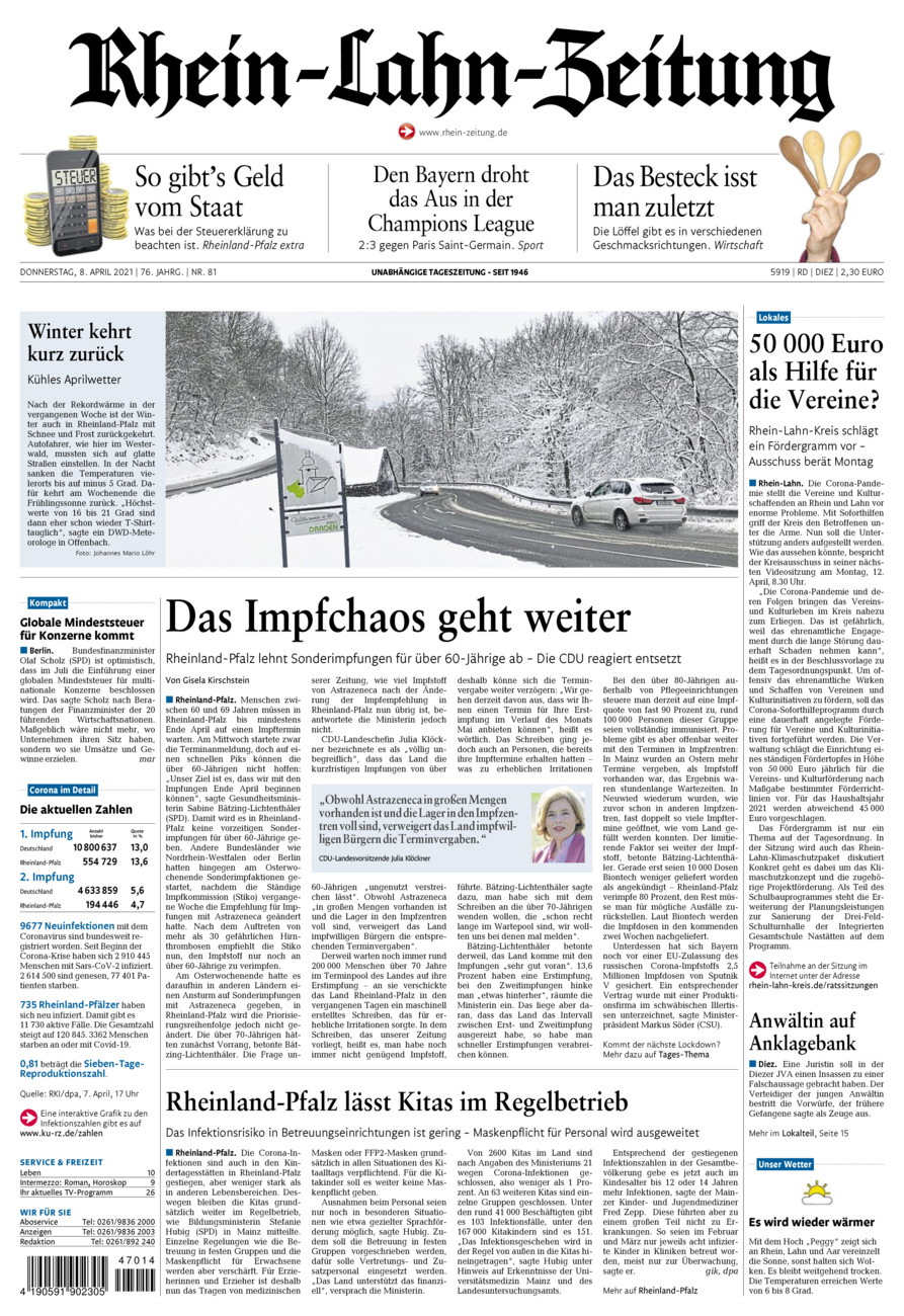 Rhein-Lahn-Zeitung Diez (Archiv) vom Donnerstag, 08.04.2021