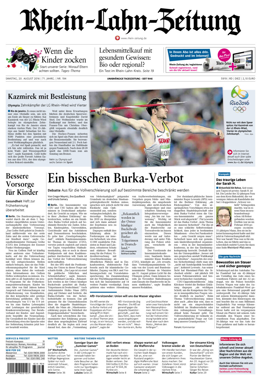 Rhein-Lahn-Zeitung Diez (Archiv) vom Samstag, 20.08.2016