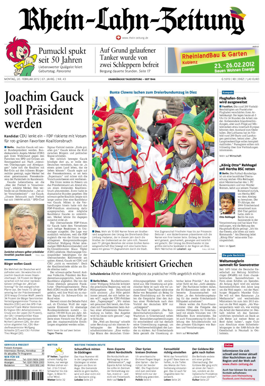 Rhein-Lahn-Zeitung Diez (Archiv) vom Montag, 20.02.2012