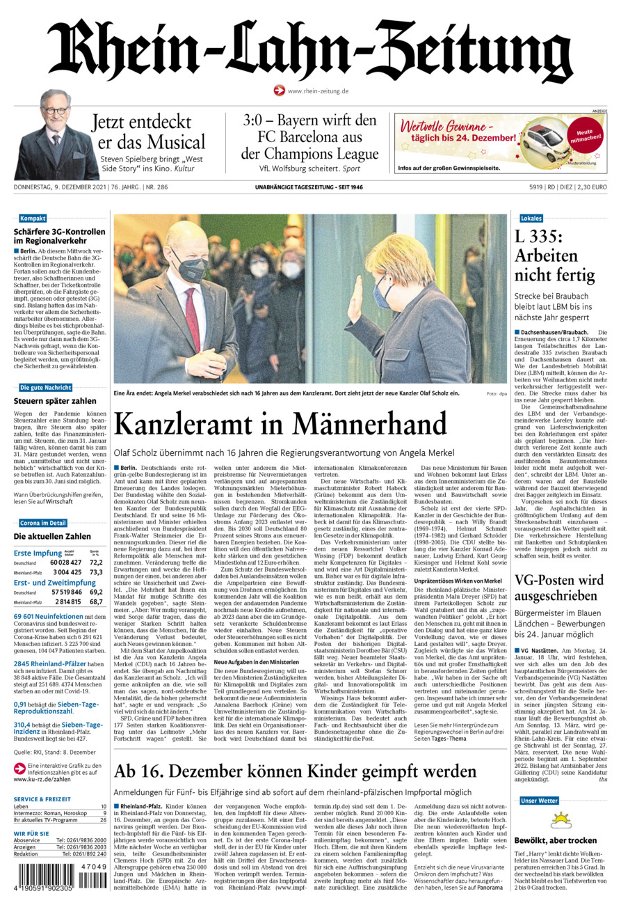 Rhein-Lahn-Zeitung Diez (Archiv) vom Donnerstag, 09.12.2021
