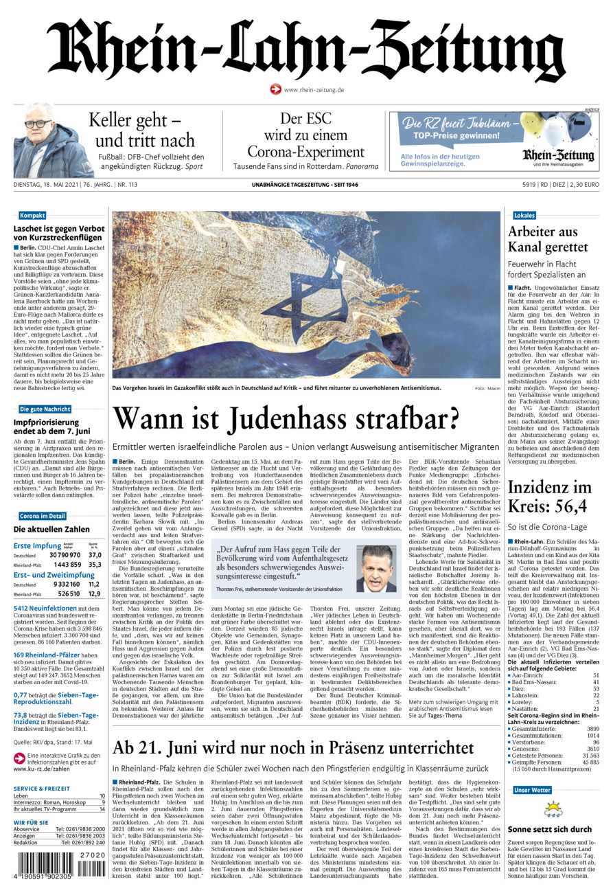 Rhein-Lahn-Zeitung Diez (Archiv) vom Dienstag, 18.05.2021