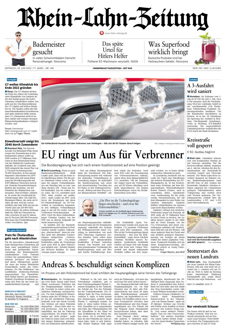 Rhein-Lahn-Zeitung Diez (Archiv) vom Mittwoch, 29.06.2022