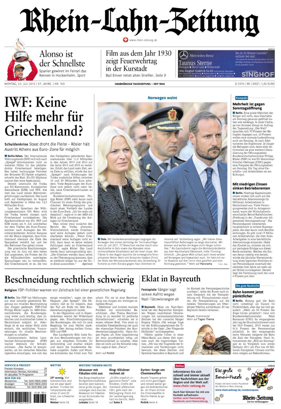 Rhein-Lahn-Zeitung Diez (Archiv) vom Montag, 23.07.2012