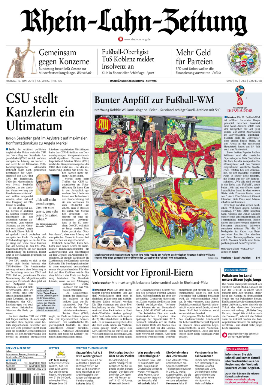 Rhein-Lahn-Zeitung Diez (Archiv) vom Freitag, 15.06.2018