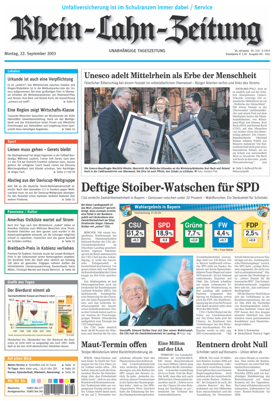 Rhein-Lahn-Zeitung Diez (Archiv) vom Montag, 22.09.2003