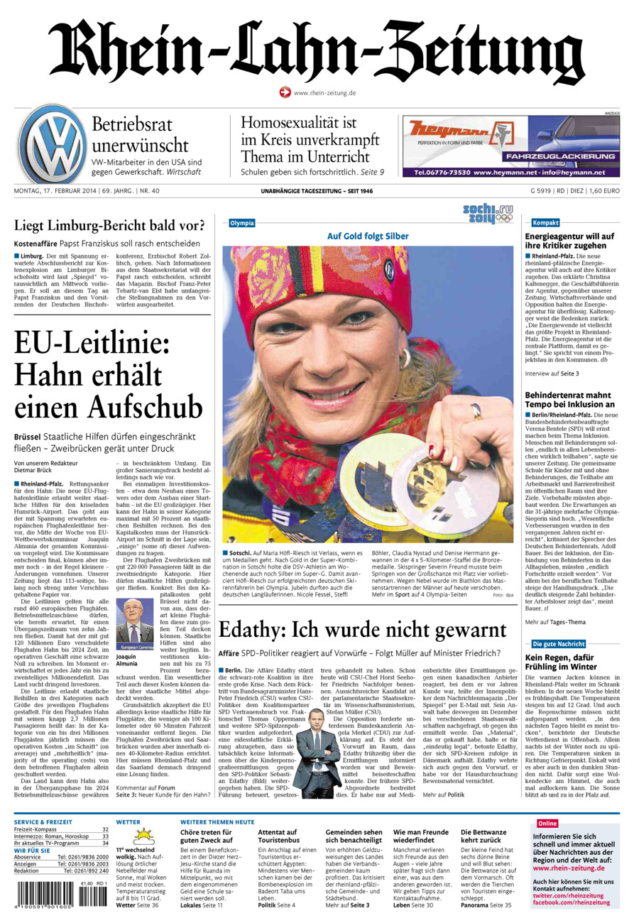 Rhein-Lahn-Zeitung Diez (Archiv) vom Montag, 17.02.2014