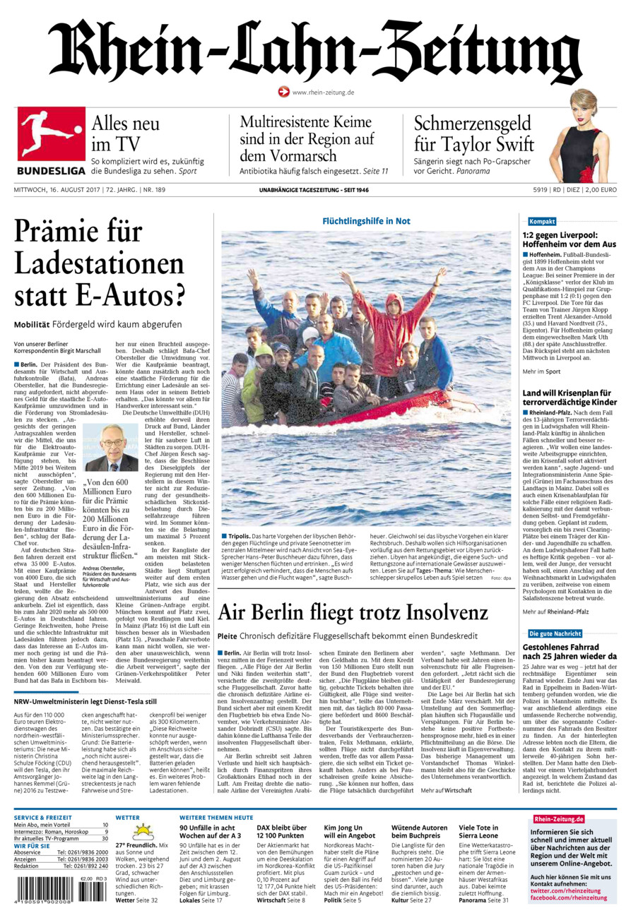 Rhein-Lahn-Zeitung Diez (Archiv) vom Mittwoch, 16.08.2017