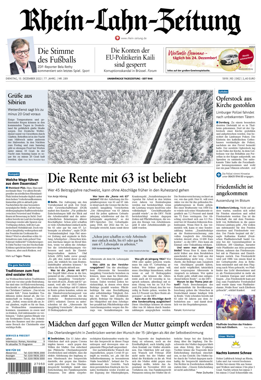 Rhein-Lahn-Zeitung Diez (Archiv) vom Dienstag, 13.12.2022